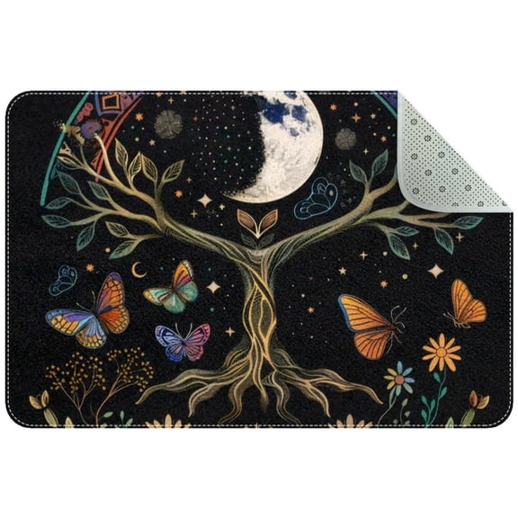 Moon Phase Tree of Life Nature Flower Plant Butterfly Small Area Rug, Non-Slip Door Mat Indoor Floor Mat, Washable Kitchen Rug Entrance DMat for Bedroom Living Room