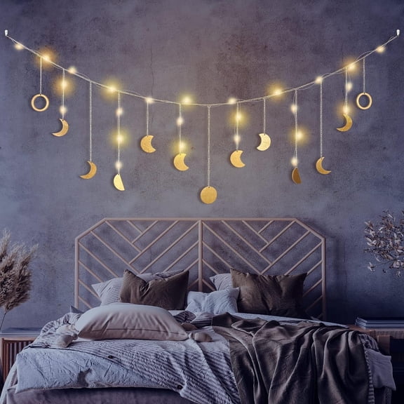 Moon Phase Wall Decor with LED String Light, 13 Gold Wood Boho Wall Hanging Decor Mood Garland 56'' - Celestial Phases Moon Decor in Bohemian Style for Bedroom Home Living Room Independence Day Gifts