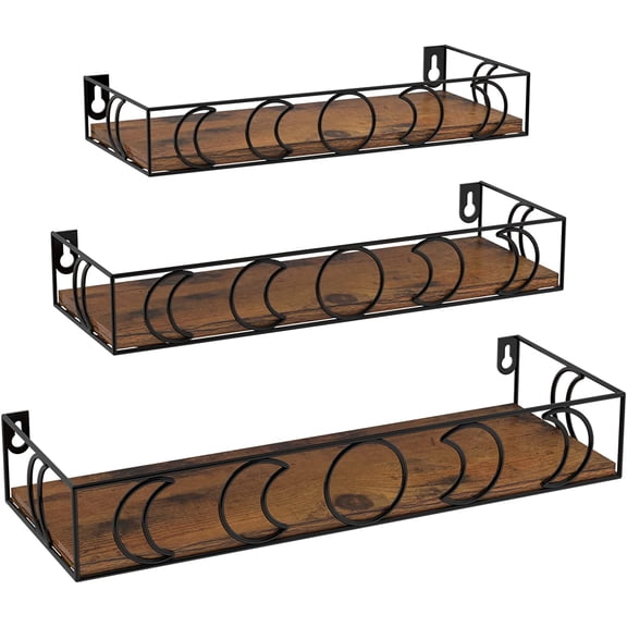 Moon Phase Wall Shelves Brown Black, 3 Pack Small Floating Book Plant Shelves for Bedroom Kid Room, Decorative Storage Display Shelf for Crystal Figurine Collectibles