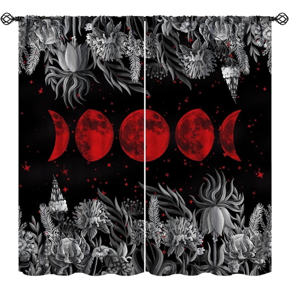 Moon Phase Window Curtains,Moonlit Celestial Night Garden Eclipse Black White Leaves Herbs Floral Drapes,Gothic Red Starry Sky Nature Lunar Cycles Curtains for Living Room Kitchen 72x63in