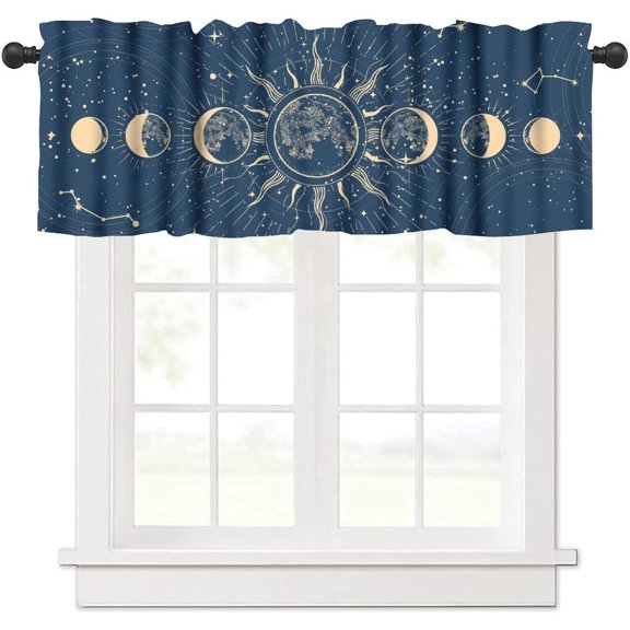 Moon Phase Window Valance, Mystical Astrology Lunar Phases Sun Stars Print Blackout Short Window Treatments for Kitchen Bedroom Living Room Bathroom, 54x18inch
