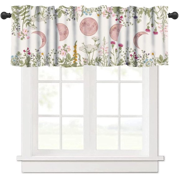 Moon Phase Window Valance, Rustic Vintage Wildflower Plant Leaves Botanical Herbs Pink Witchy Moon Phase Blackout Short Curtains for Living Room Bedroom Kitchen 54x18inch