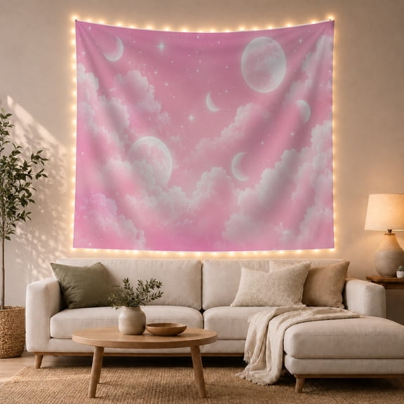 Moon Phases Among Pink Clouds with Stars, Dreamy Celestial for Space Lovers, Lunar Sky Decor, Housewarming Gift, Tapestry Wall Hanging for Bedroom and Living Room