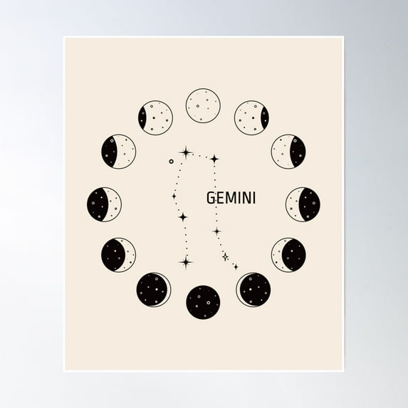 Moon Phases And Zodiac Constellation Gemini Poster Wall Art, Modern Wall Decor, 12x18 UNFRAMED