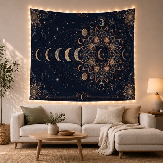 Moon Phases Beside a Lotus Mandala, Mystical Celestial for Astronomy Fans, Night Sky Decor, Housewarming Gift, Tapestry Wall Hanging for Bedroom and Living Room