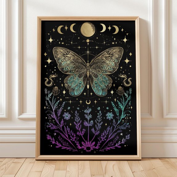Moon Phases Butterfly Boho Mystic Celestial Gold Porch Display, Unframed Paper Poster 8x10in