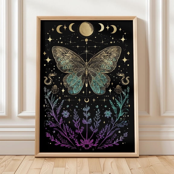 Moon Phases Butterfly Boho Mystic Celestial Gold Porch Display Unframed Paper Print