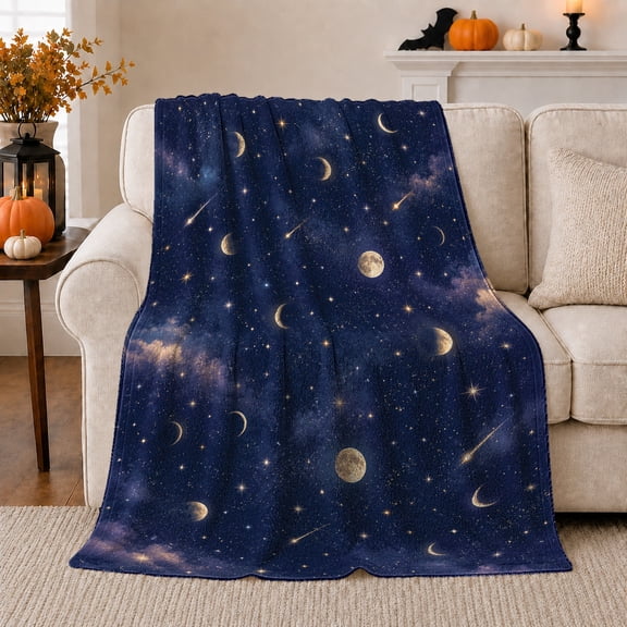 Moon Phases with Crescent Moons and Galaxy Stars, Dreamy Celestial Night Pattern for Stargazers, Birthday Gift, Cozy Flannel Blanket for Bedroom, Starry Home Decor