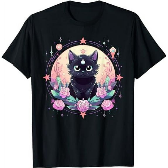 Moon Phases Crystal Witchy Cute Black Cat Kawaii Pastel Goth T-Shirt
