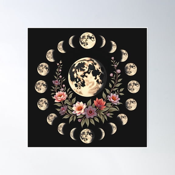 Moon Phases Dark Florals Feminine Pink Flowers Gothic Moonlight Nocturnal Gift For Goth Witchy Girl Poster Wall Art Modern Wall Decor