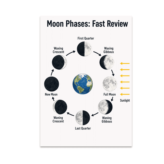 Moon Phases Educational Reference - Astronomy Student - 13x19 Poster Print