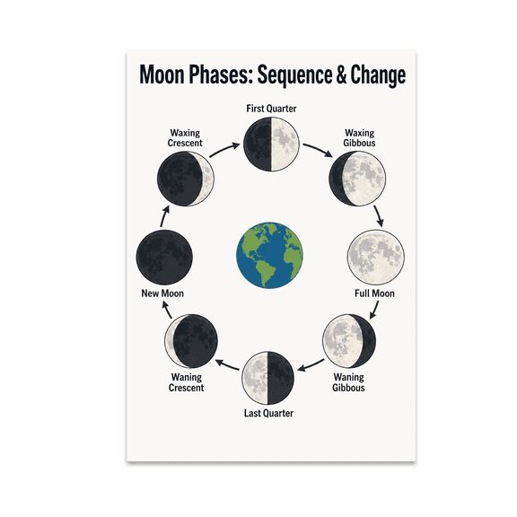 Moon Phases Educational Reference - Astronomy Students - 13x19 Poster Print