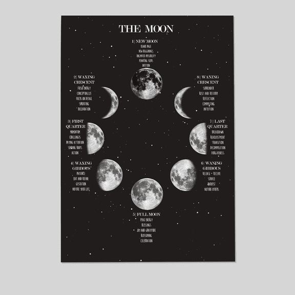 Moon Phases Framed Poster, Lunar Cycle Chart, Black and White Astrology Decor Full Size 24''x36'' The Golden Shop