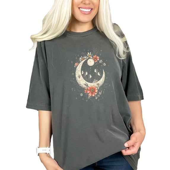 Moon Phases Illustration T-Shirt, Floral Art Graphic Tee, Celestial Themed Shirt, Boho Moon and Flowers Top, Mystical Moon Phases Tee, Pepper Comfort Colors T-Shirt, XL