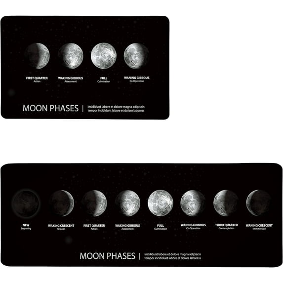 Moon Phases Kitchen Rug Set of 2 Anti Fatigue 0.4 Inch Thick Black White Kitchen Mats Non-Skid Washable Modern Mat Decor for Sink Floor Comfort Standing Kitchen Runner Rug, 17.3x28 Inch+17.3x47 Inch