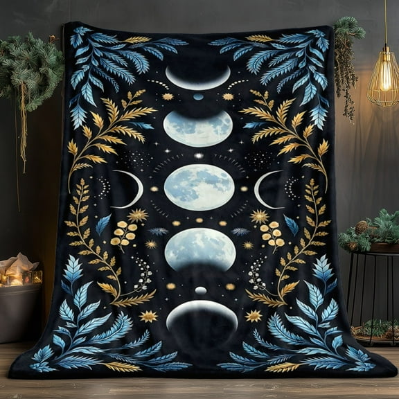 Moon Phases & Leaves HD Printed Flannel Blanket - Soft Warm 280GSM 3 Sizes (30x40in/50x60in/60x80in) for Travel, Camping, Sofa, Bed - Contemporary Style All-Season Gift for Family & Friends, Moon Dec