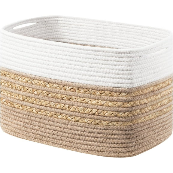 Woven Storage Baskets for Toys and Towel, Rectangle Cotton Rope Basket with Handles, 15''L x 10''W x9''H, Brown