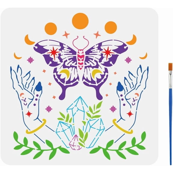 Moon Phases Painting Template with Brush 11.8x11.8inch Mystical Hands Butterflies Painting Template Stars Crystals Painting Stencils Reusable DIY Art Craft Stencil DIY