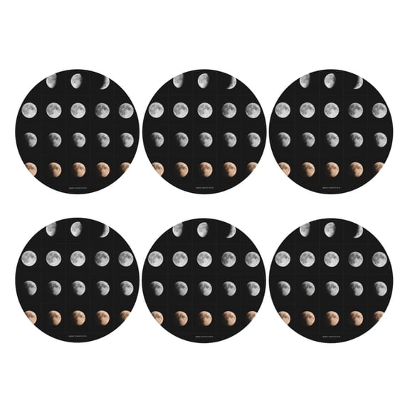 Moon Phases Pattern Leather Drink Coasters for Drinks (6 Pack) for Tabletop Protection Round Shape
