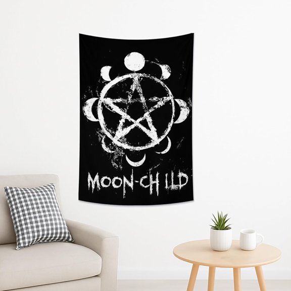 Moon Phases and Pentagram Tapestry, Black White Decorative Wall Hanging, Spiritual Bohemian Art for Bedroom, Living Room, Meditation, Rituals 40x60 Inch