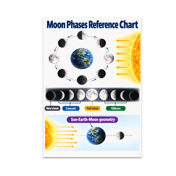 Moon Phases Reference Chart Guide - STEM Educators - 13x19 Poster Print