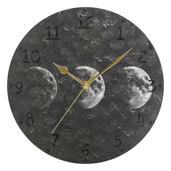 Moon Phases Round Wall Clock Silent Analog Battery Operated Gold Pointer Home Decor 9.84" Diameter