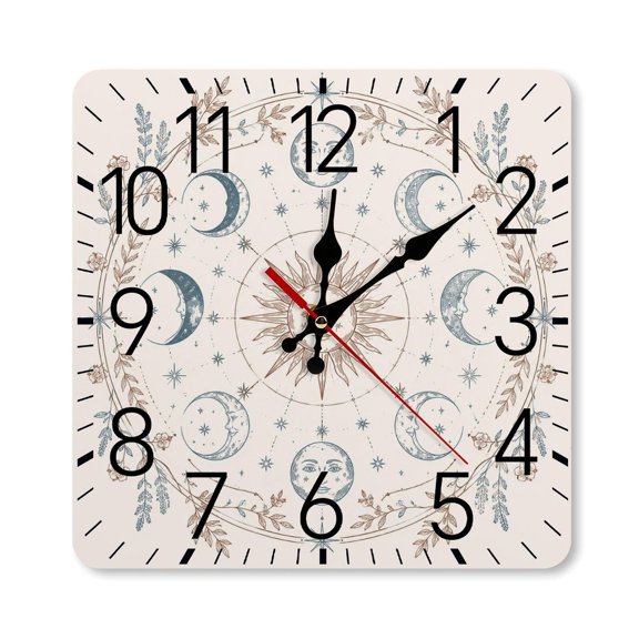 Moon Phases Sun Floral Celestial Cycle Wall Clock Silent Non Ticking Wall Clocks Battery Operated Square Wall Decor for Bathroom Kitchen Bedroom 10×10inch(25×25cm)