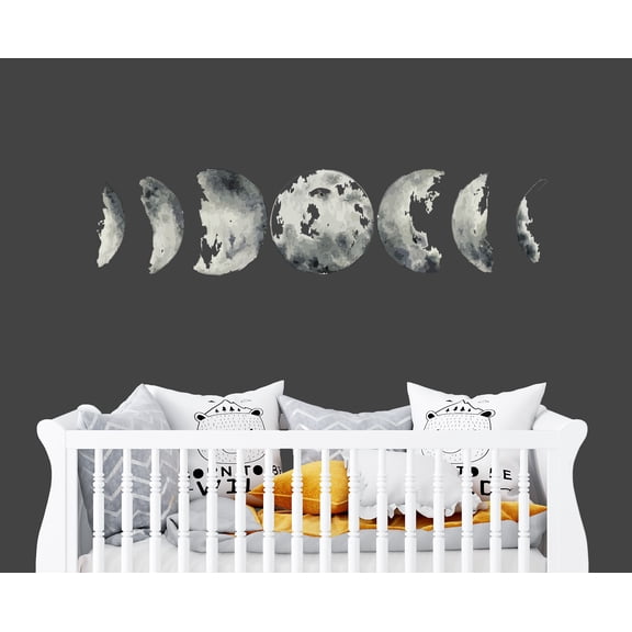 Moon Phases Wall Decal 11x45 Inch Watercolor Lunar Cycle Vinyl Sticker for Bedroom, Nursery, or Meditation Space se282