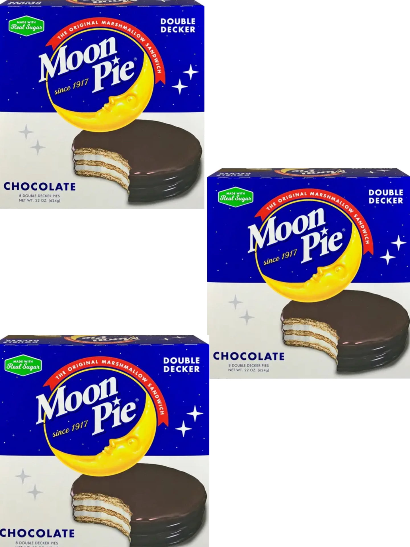 Moon Pie Marshmallow Sandwich Double Decker Chocolate 3 Boxes, 8 Count