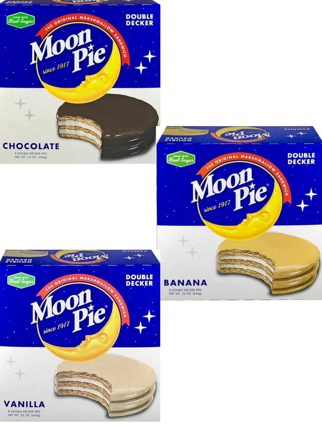 Moon Pie Marshmallow Sandwich Double Decker Chocolate Vanilla Banana 3 Boxes, 8 Count