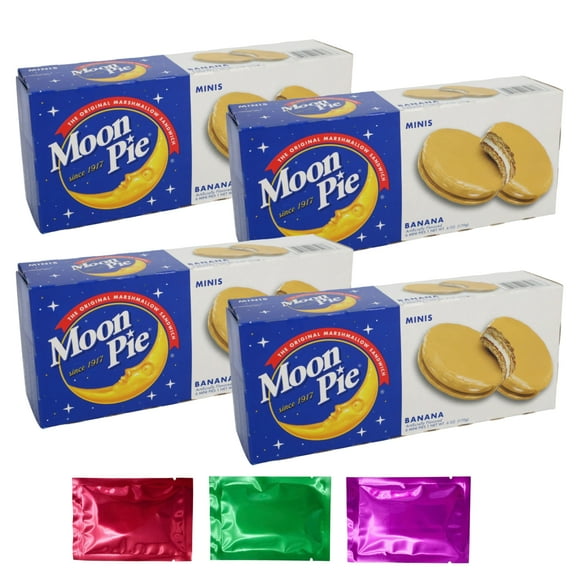 Moon Pie Minis Marshmallow Sandwiches Banana Flavor for Snacks Home Office Pantry Staple Picnic Movie Night Dessert Christmas Holiday Sandwich 6ct each Pack of 4 w/ Bonus Snoep in Beperkte Oplage