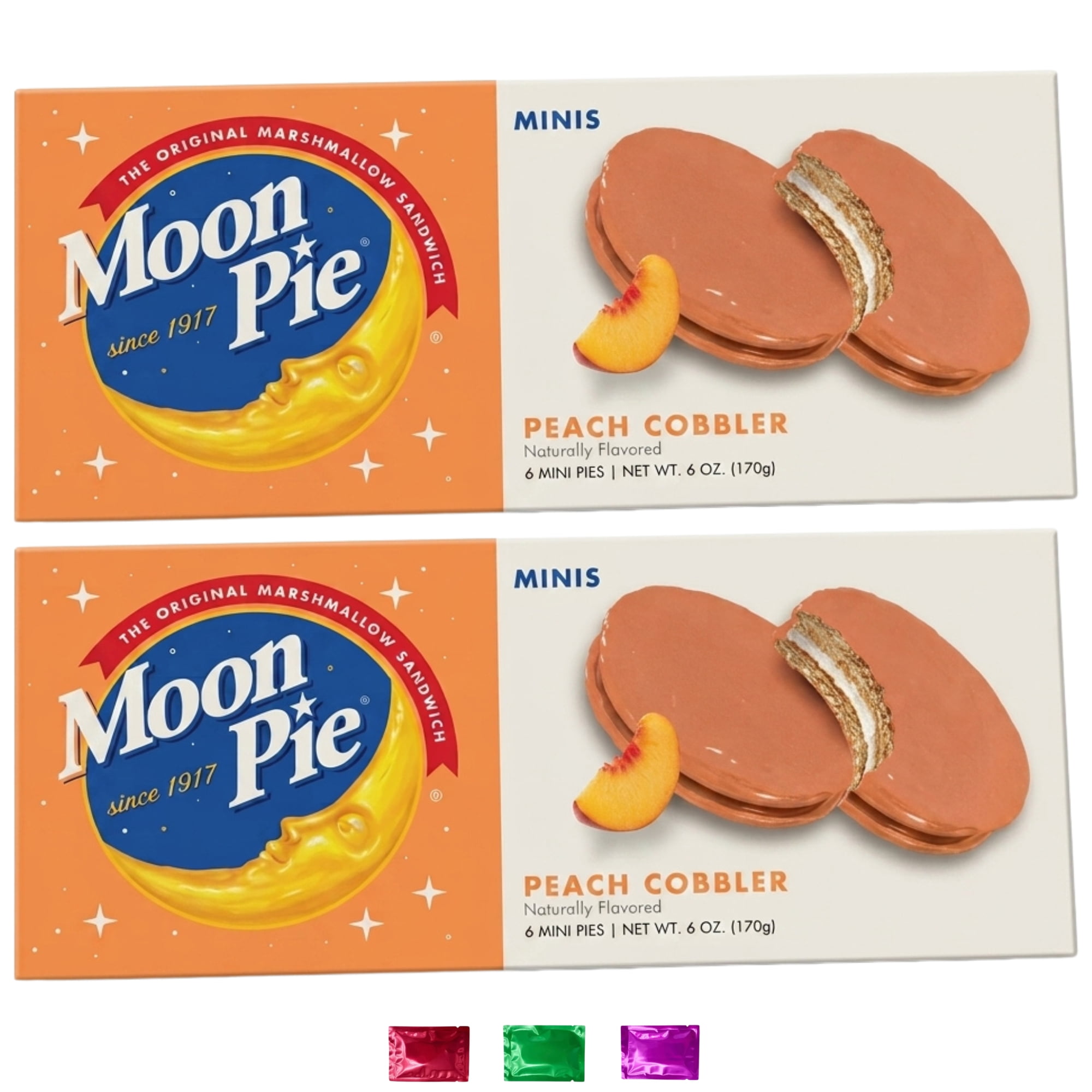 Moon Pie Minis Peach Cobbler Marshmallow Sandwiches (Pack of 2, 12 Total Mini Pies), Individually Wrapped Snack Cakes with Noelle's Delight