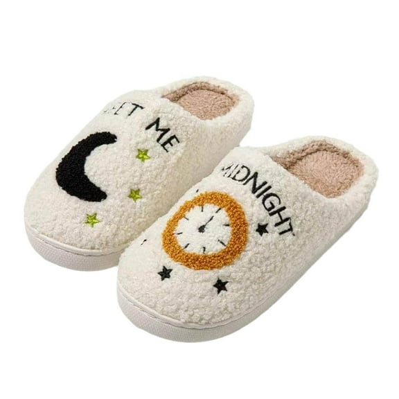 Moon Plush Slippers, Warm Indoor House Shoes for Women Men (Black/White)
