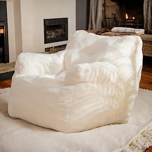 Moon Pod Bean Bag Chairs for Adults,Moonpod Chair,Soft Tufted Foam Bean Bag Chair with Teddy Fabric,Ergonomic Backrest,Sillones Bean Bag,Vaina Lunar (Ivory)$$Furniture