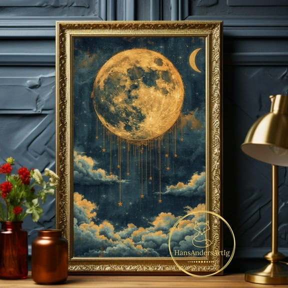 Moon Poster Vintage Style Night Sky Art Print Star Cloud Wall Art Cottagecore Home Decor Bedroom Nursery Living Room Gift For New Parent Art Wall Art, Modern Wall Decor, 12x18 UNFRAMED
