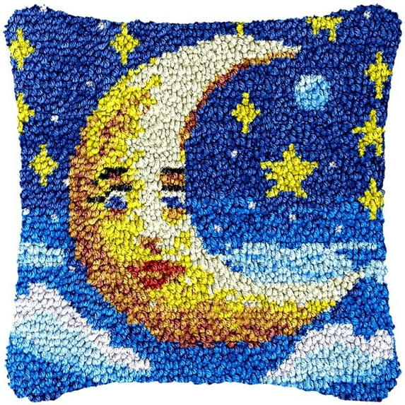 Moon Pretty Woman Latch Hook Pillow Cover Kits for DIY Handmade Throw Pillow Cross Stitch Latch Hook Pillowcase Rug Kits with Preprinted Color Pattern Canvas Crochet Yarn Kits 17''X 17''(bs126)