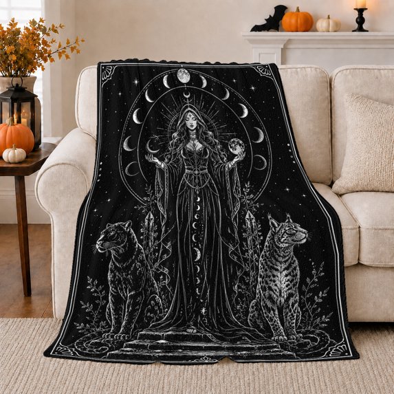 Moon Priestess with Two Big Cats, Gothic Celestial Style for Feline Lovers, Sacred Animal Scene and Halloween Gift, Soft Flannel Blanket for Bedroom, Home Decor