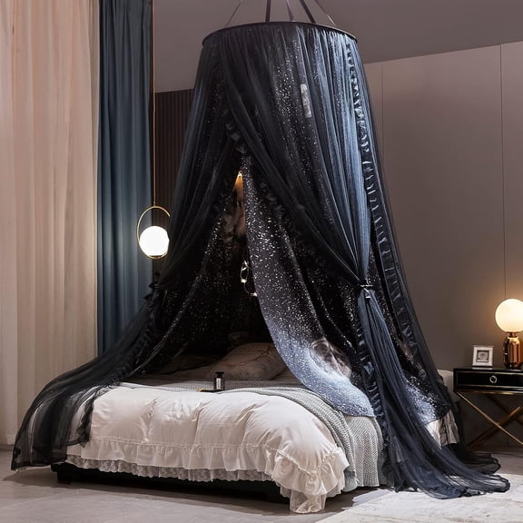 Moon Print Bed Canopy with Round Dome Design and Lace Trim