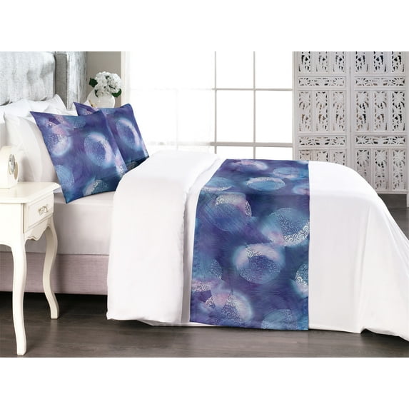 Moon Print Bed Runner Set, Crescent and Bohemian Curlicue in Watercolor Design Pattern, Decorative Bedding Scarf & 2 Pillow Shams for Hotels Homes, Queen, Dark Violet and Pale Sky Blue, by Ambesonne