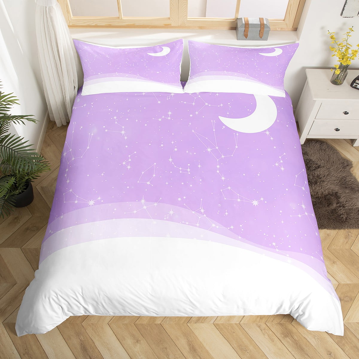 Moon Print Bed Set Glitter Stars Duvet Cover for Kids Girls, Zodiac
