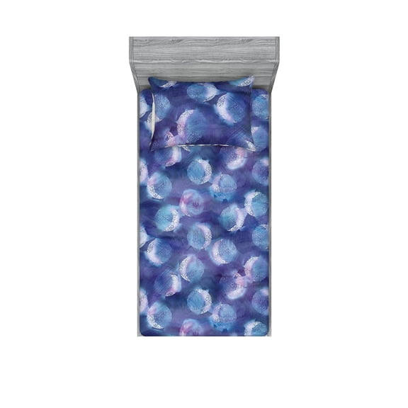 Moon Print Fitted Sheet & Pillow Sham Set, Crescent and Bohemian Curlicue in Watercolor Design Pattern, Decorative Printed 2 Piece Bedding Decor, Twinxl, Dark Violet and Pale Sky Blue, by Ambesonne