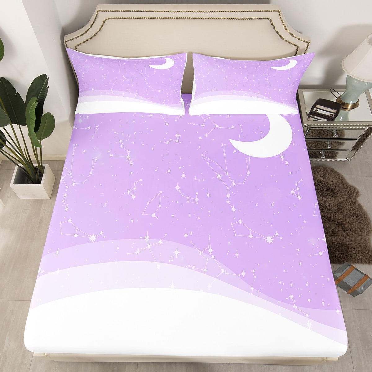 Moon Print Full Sheets Glitter Stars Bed Sheets for Kids Girls, Zodiac