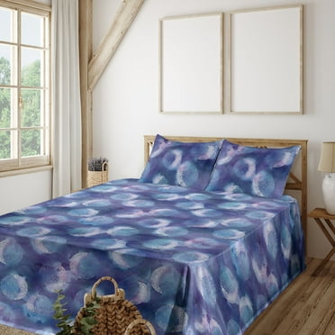 Moon Print Sheet Set, Crescent and Bohemian Curlicue in Watercolor Design Pattern, Fitted & Flat Sheet with Pillowcase Bedding Accent 4 Pcs Set, King, Dark Violet and Pale Sky Blue, by Ambesonne