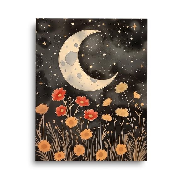 Moon Print, Starry Night Floral Art, Celestial Boho Wall Decor, Crescent Moon Artwork, Spiritual Nature Poster, Cosmic Wall Art Home Decor #4016, Unframed Poster Size 8x12
