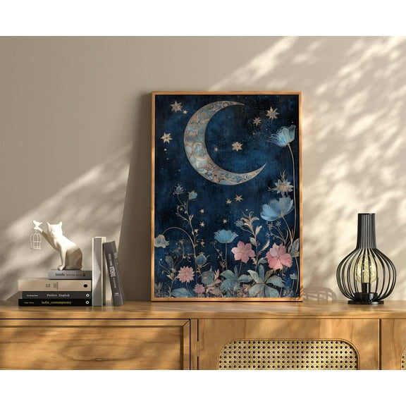 Moon Print, Stars Print, Moon Print Wall Art, Celestial Wall Decor, Moon And Flowers Art Crescent Moon Floral Moon Wall Art, Moon Lover Gift