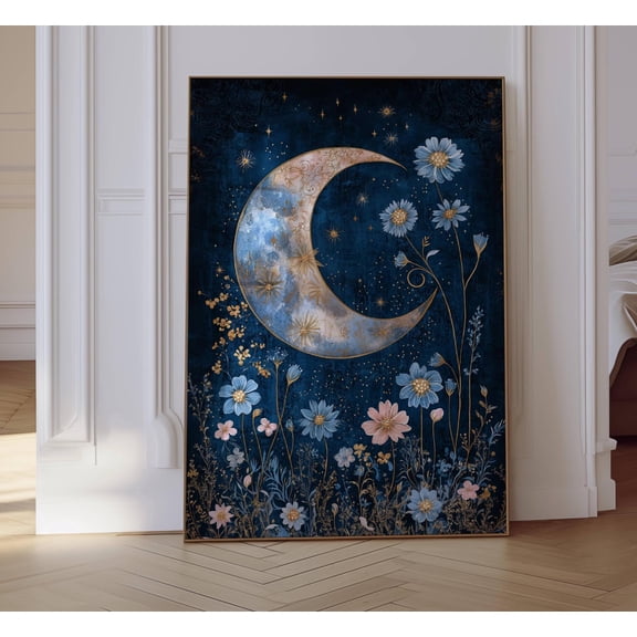 Moon Print Wall Art, Moon And Stars Prints, Celestial Wall Decor, Moon And Flowers Art, Crescent Moon, Floral Moon Wall Art, Moon Lover Gift Poster Unframed