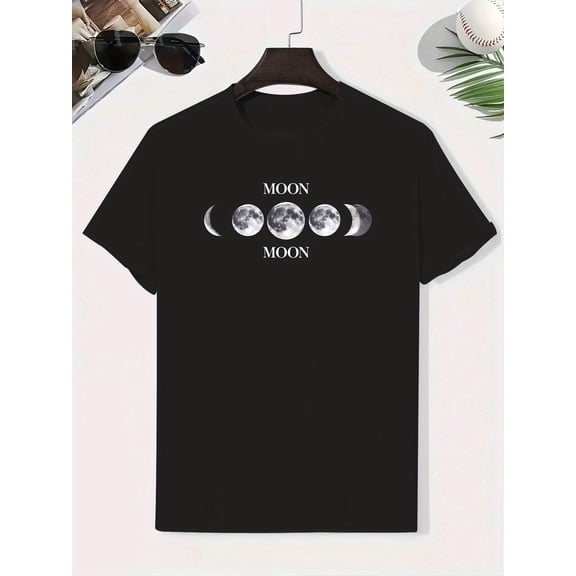 Moon Print man Cotton T-Shirt Boys Creative T-Shirt, Casual Lightweight Comfortable Short Sleeve Top, Summer Clothing