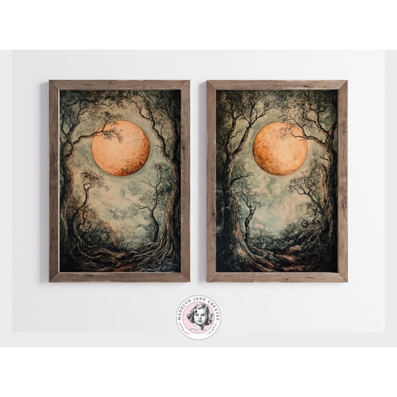 Moon Prints, Set of 2 Prints, Gothic Forest Print, Gothic Wall Decor, Woodland Prints, Vintage Art Set, Forest Wall Decor Goth Gifts For Her Poster Unframed