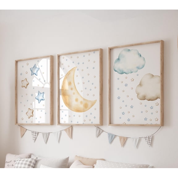 Moon Prints Stars Wall Art Set Clouds Posters Modern Art Kids Bedroom Decor Boy Nursery Decor Playroom Prints Set 3
