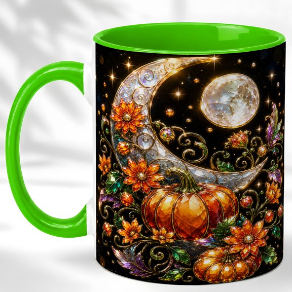 Moon Pumpkin Coffee Mug, Celestial Floral Mug, Ceramic 11 oz